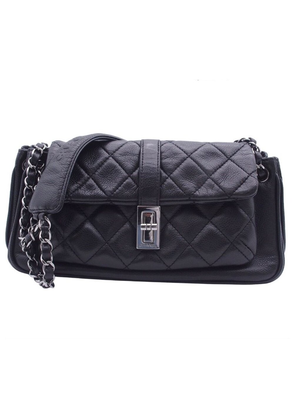 Chanel 2.55 Chain Shoulder Bag Black Silver Leather